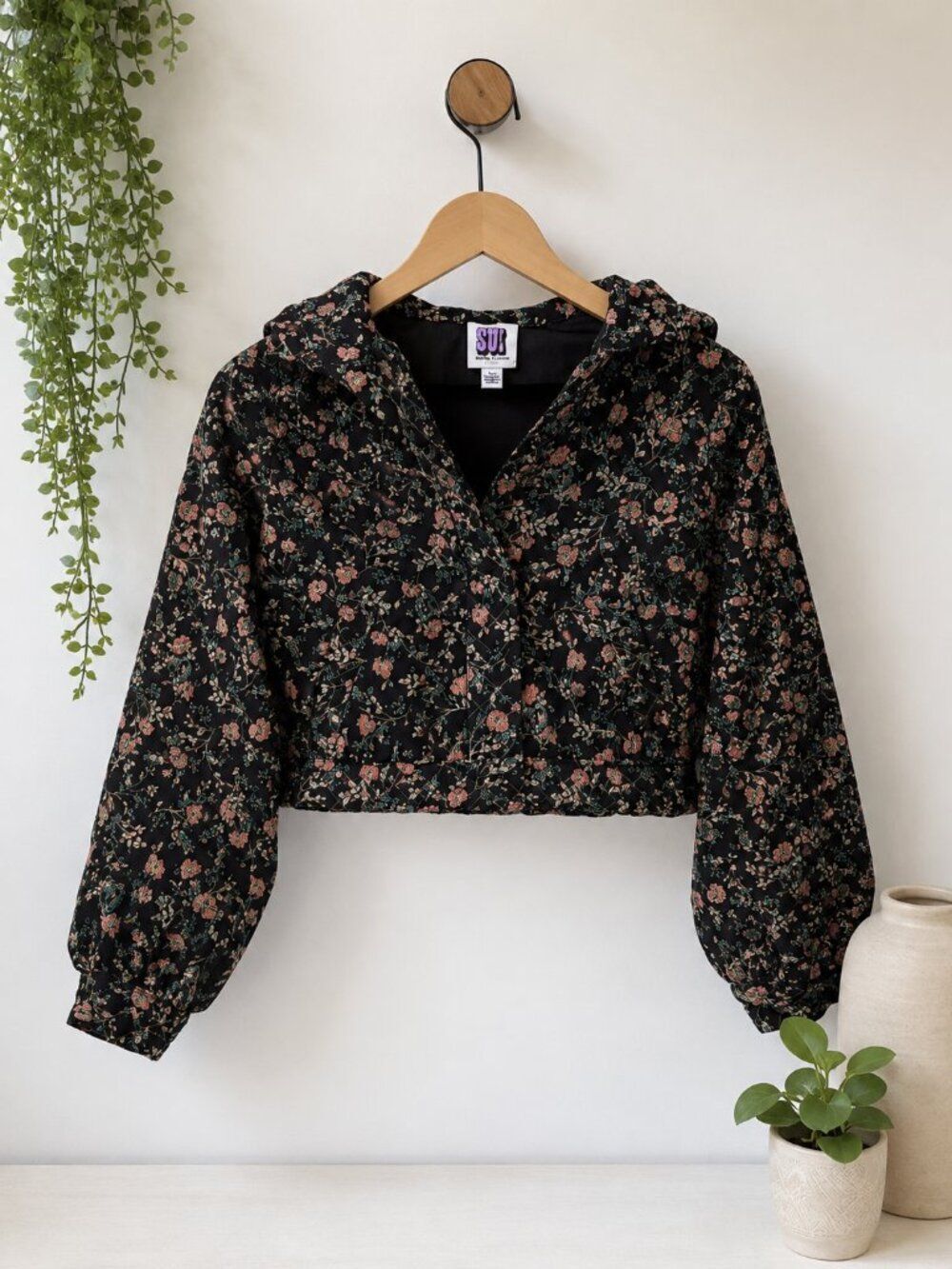 Anna Sui Floral Metallic Cropped Bomber Jacket Small Hooded Puff Sleeve Black